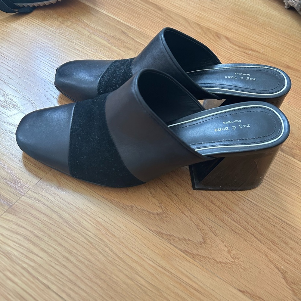 Rag & Bone Leather and Suede Black Women's Mules Block Heel See-Thru 37.5 EUC